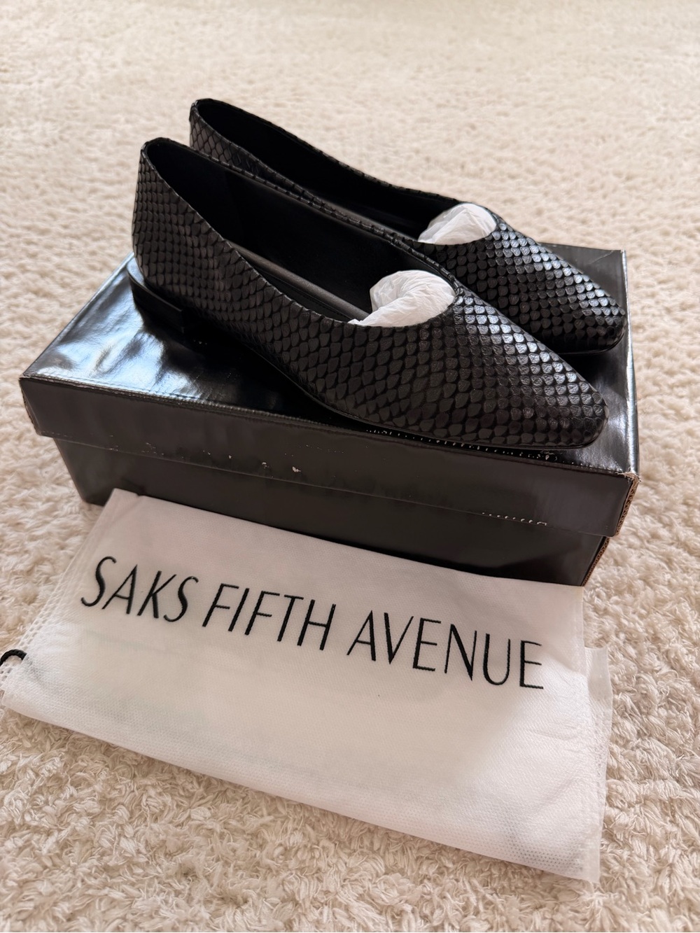 Saks Fifth Avenue Black Woven Leather Flats • New with Box • Snake Pattern 8M